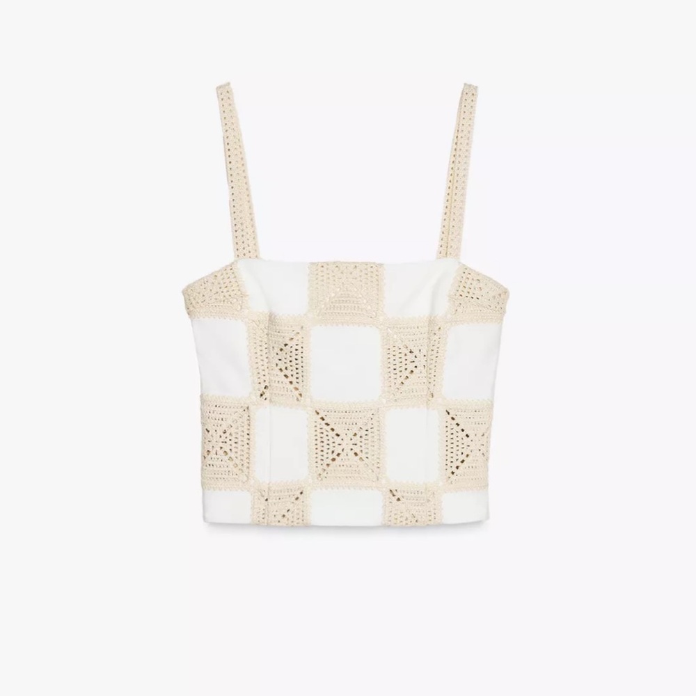 Zara White and Tan Crochet Tank Top